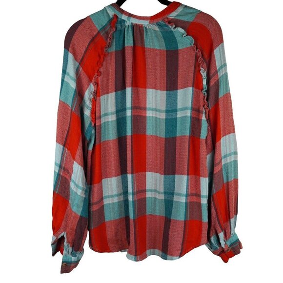 Pilcro Plaid Button-Up Blouse With Ruffle Detail‎ & Pocket - Size M - Picture 9 of 13